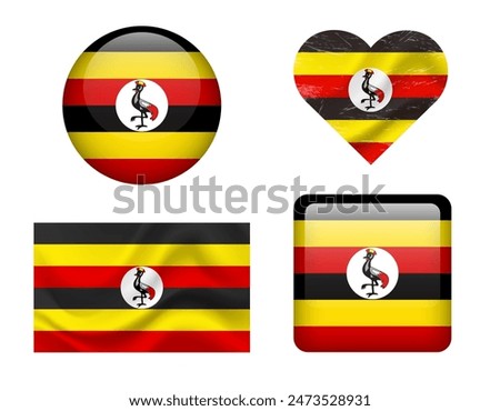 Uganda flag set of icons. Vector flag of Uganda, symbol. Set of Uganda flags button, waved, heart.