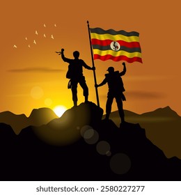 Uganda flag, silhouette of two climbers holding flags at sunset