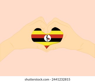 Bandera de Uganda con forma de corazón de dos manos, expresar amor o afecto concepto, apoyar o donar a Uganda, signo de amor de corazón de mano, diseño vectorial, patriotismo y nacionalismo idea
