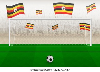 Uganda football team fans with flags of Uganda cheering on stadium, penalty kick concept in a soccer match. Sports vector illustration.