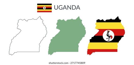 Fronteiras geográficas de Uganda isoladas sobre fundo branco. Bandeira de Uganda. Cliparts planas vetoriais.
