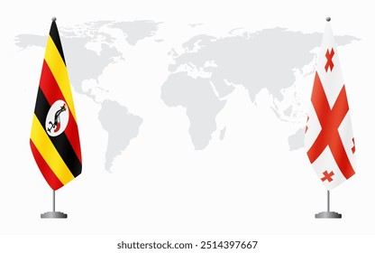 Uganda and Georgia flags for official meeting against background of world map.