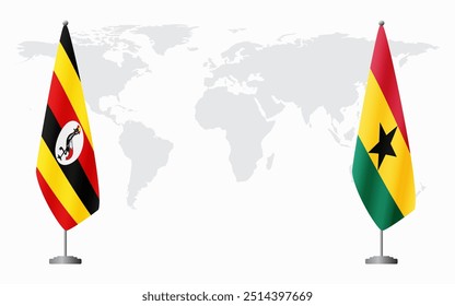 Uganda and Ghana flags for official meeting against background of world map.