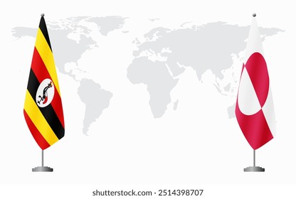 Uganda and Greenland flags for official meeting against background of world map.