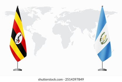 Bandeiras de Uganda e Guatemala para reunião oficial contra o fundo do mapa do mundo.