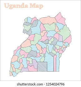 Uganda hand-drawn map. Colorful sketchy country outline. Energetic Uganda map with provinces. Vector illustration.