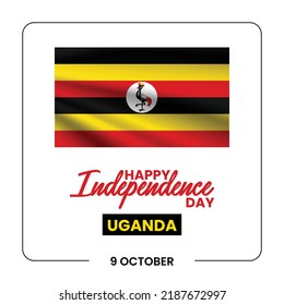 Uganda happy independence day greeting card, banner vector illustration. Ugandan national holiday 9th of October design element with 3D waving flag on flagpole
