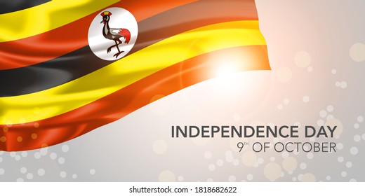 Uganda Happy Independence Day Vector Banner, Greeting Card. Ugandan Realistic Wavy Flag In 9th Of October National Patriotic Holiday Horizontal Design