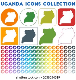 Uganda icons collection. Bright colourful trendy map icons. Modern Uganda badge with country map. Vector illustration.