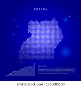 Uganda illuminated map with glowing dots. Infographics elements. Dark blue space background. Vector illustration. Growing chart, lorem ipsum text.