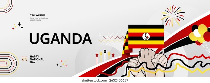 Uganda Independence Day modern greeting banner. 9 October Happy National Day. Festive horizontal background with flag colors, great for carnival poster, tourism campaign, holidays flash sale