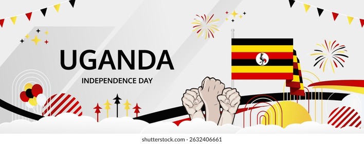 Uganda Independence Day modern greeting banner. 9 October Happy National Day. Festive horizontal background with flag colors, great for carnival poster, tourism campaign, holidays flash sale