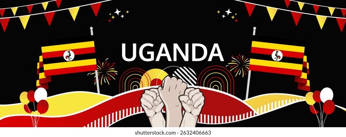 Uganda Independence Day modern greeting banner. 9 October Happy National Day. Festive horizontal background with flag colors, great for carnival poster, tourism campaign, holidays flash sale