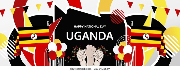 Uganda Independence Day modern greeting banner. 9 October Happy National Day. Festive horizontal background with flag colors, great for carnival poster, tourism campaign, holidays flash sale