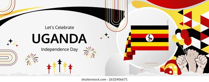 Uganda Independence Day modern greeting banner. 9 October Happy National Day. Festive horizontal background with flag colors, great for carnival poster, tourism campaign, holidays flash sale