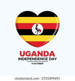 Uganda Independence Day poster vector illustration. Uganda flag in heart shape icon. Ugandan flag heart love symbol. Template for background, banner, card. 9 October every year. Important day