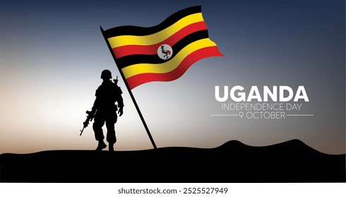 Uganda Independence Day solider standing with waving flag vector poster