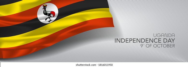 Uganda Independence Day Vector Banner, Greeting Card. Ugandan Wavy Flag In 9th Of October National Patriotic Holiday Horizontal Design