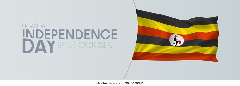 Uganda Independence Day Vector Banner, Greeting Card. Ugandan Wavy Flag In 9th Of October National Patriotic Holiday Horizontal Design