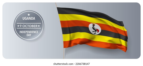 Uganda Independence Day Vector Banner, Greeting Card. Ugandan Wavy Flag In 9th Of October National Patriotic Holiday Horizontal Design