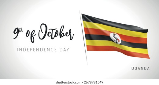 Uganda independence day vector banner, greeting card. Ugandan wavy flag in 9th of October patriotic holiday horizontal design with realistic flag