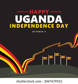 Uganda independence day vector illustration with a long flag and smaller flags within night sky background. African country public holiday.