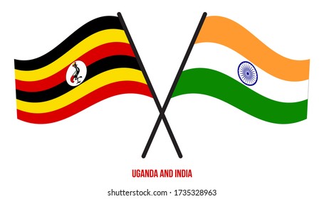 Uganda and India Flags Crossed And Waving Flat Style. Official Proportion. Correct Colors.