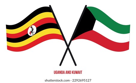Uganda and Kuwait Flags Crossed And Waving Flat Style. Official Proportion. Correct Colors.