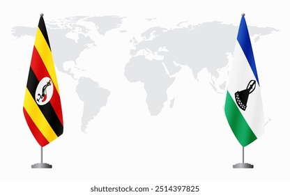 Uganda and Lesotho flags for official meeting against background of world map.