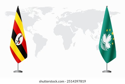 Uganda and Macau flags for official meeting against background of world map.