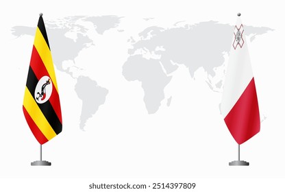 Uganda and Malta flags for official meeting against background of world map.