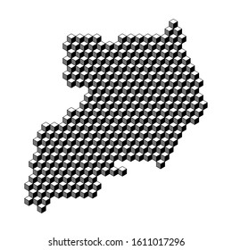 Uganda map from 3D black cubes isometric abstract concept, square pattern, angular geometric shape. Vector illustration.