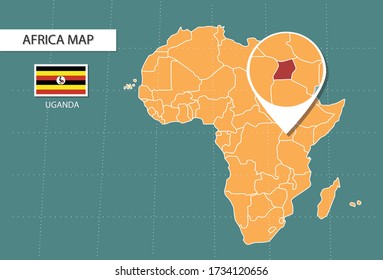 Uganda map in  Africa zoom version, icons showing Uganda location and flags.