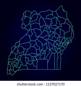 Uganda map: blue glitter outline with sparkling stars on dark background. Detailed map of Uganda. Vector illustration.