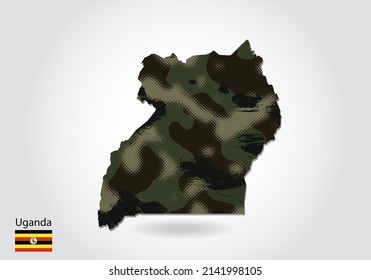 Uganda map with camouflage pattern, Forest - green texture in map. Military concept for army, soldier and war. coat of arms, flag.