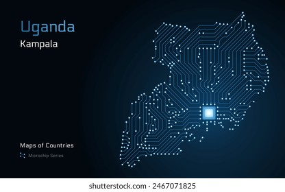 Mapa de Uganda con la capital de Kampala mostrado en un patrón de microchip con procesador. Gobierno electrónico. Mapas de Vector de Países Mundiales. Serie de microchips