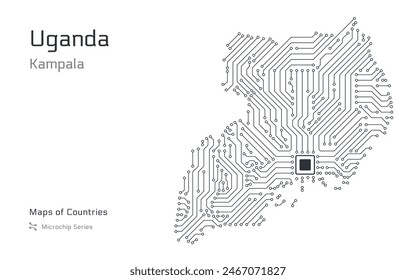 Mapa de Uganda con la capital de Kampala mostrado en un patrón de microchip con procesador. Gobierno electrónico. Mapas de Vector de Países Mundiales. Serie de microchips