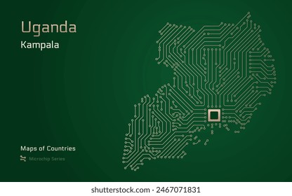 Uganda Map with a capital of Kampala Shown in a Microchip Pattern with processor. E-government. World Countries vector maps. Microchip Series
