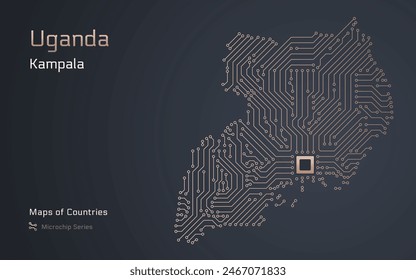Uganda Map with a capital of Kampala Shown in a Microchip Pattern with processor. E-government. World Countries vector maps. Microchip Series