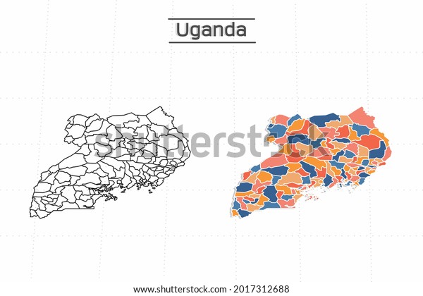 Uganda map city vector\
divided by colorful outline simplicity style. Have 2 versions,\
black thin line version and colorful version. Both map were on the\
white background.
