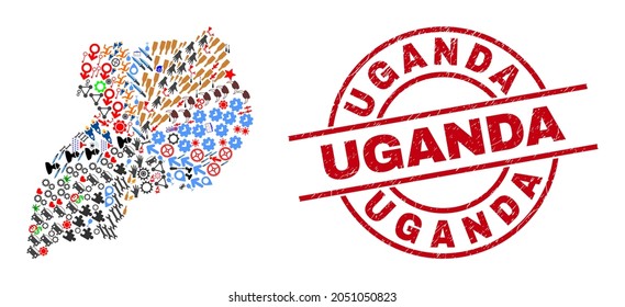 Uganda map collage and unclean Uganda red round stamp print. Uganda stamp uses vector lines and arcs. Uganda map collage includes markers, houses, screwdrivers, suns, people, and more pictograms.