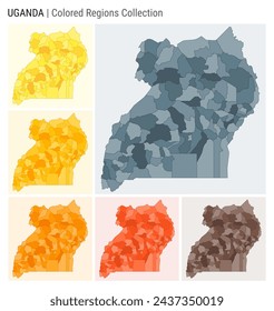 Uganda map collection. Country shape with colored regions. Blue, Grey, Yellow, Amber, Orange, Deep Orange, Brown color palettes. Border of Uganda with provinces for your infographic.