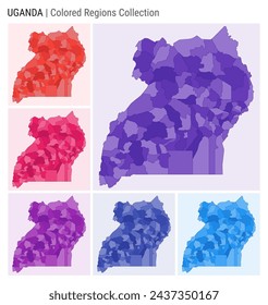 Uganda map collection. Country shape with colored regions. Deep Purple, Red, Pink, Purple, Indigo, Blue color palettes. Border of Uganda with provinces for your infographic. Vector illustration.