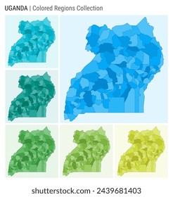 Colección de mapas de Uganda. Forma de país con regiones de color. Paletas de colores azul claro, cian, verde azulado, verde claro, verde lima. Frontera de Uganda con las provincias para su infografía. Ilustración vectorial.