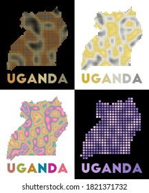 Mapa de Uganda. Colección del mapa de Uganda en estilo punteado. Las fronteras del país están llenas de rectángulos para su diseño. Ilustración vectorial.