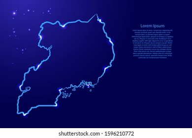 Uganda map from the contour classic blue color brush lines different thickness and glowing stars on dark background. Vector illustration.