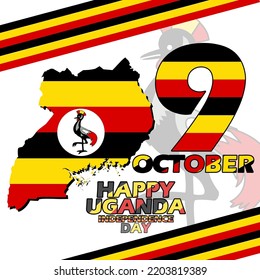 Uganda map and flag with bold text and ribbons on white background to commemorate Uganda Independence Day on October 9
