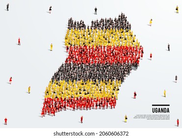 Uganda Map and Flag. A large group of people in the Uganda flag color form to create the map. Vector Illustration.