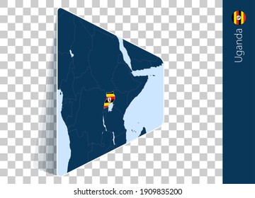 Uganda Karte und Flagge auf transparentem Hintergrund. Uganda auf der blauen Vektorkarte hervorgehoben.