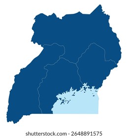 Uganda mapeia quatro regiões principais. Mapa de Uganda quatro principais regiões em cor azul com Lago Vitória